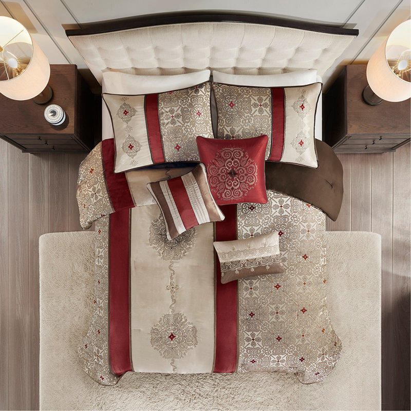 Ensemble d'édredon en jacquard pour grand lit 7 pièces avec coussins décoratifs, Grand édredon et 6 pièces supplémentaires