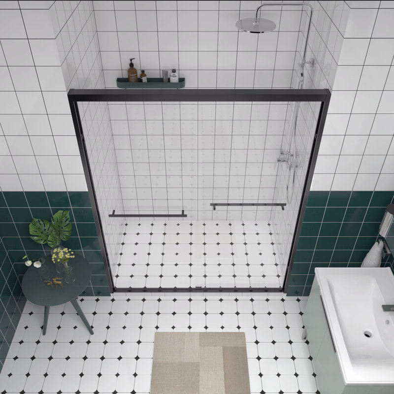 56-60"W X 74"H Aluminum Frame Material Double Sliding Opening Shower Door -Bypass Sliding Opening Bathroom Sliding Opening Door With Premium 1/4" (6Mm) Clear Tempered Glass, With Black Hardware Sliding Opening Glass Shower Enclosure Door