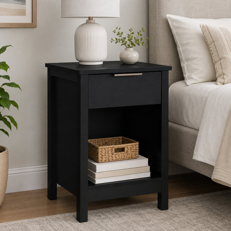 Table de chevet à 3 niveaux avec tiroir - Table de chevet rétro noire et table de bout avec tablettes ouvertes pour la chambre à coucher