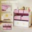 Pale White Dusty Pink Three Tier Kids Toy Organiser Shelving Unit With Six Detachable Sun Star Pattern Fabric Storage Boxes Low Child Accessible Height Storage Furniture For Nursery Bedroom Ages Three To Eight