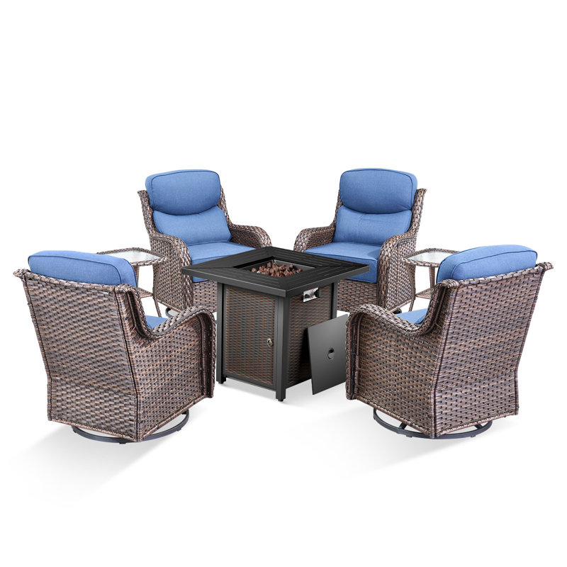Ensemble de conversation extérieur pour 4 personnes avec table de foyer en métal Melia, Bleu