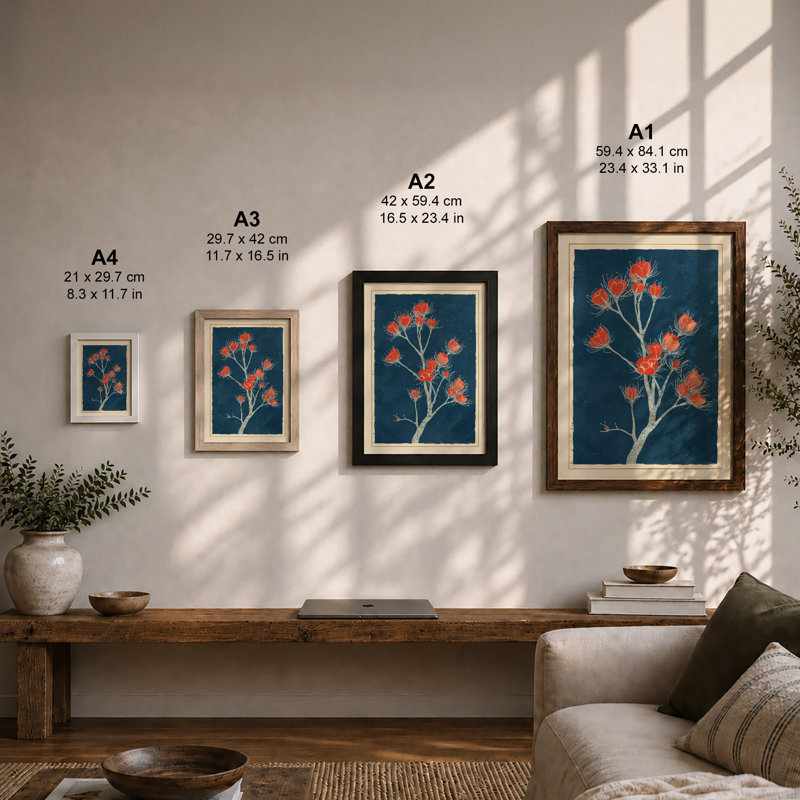 Flowering Plant in Teal Botanical - Framed Print, A4 - 29.7 x 21.0 cm, Black