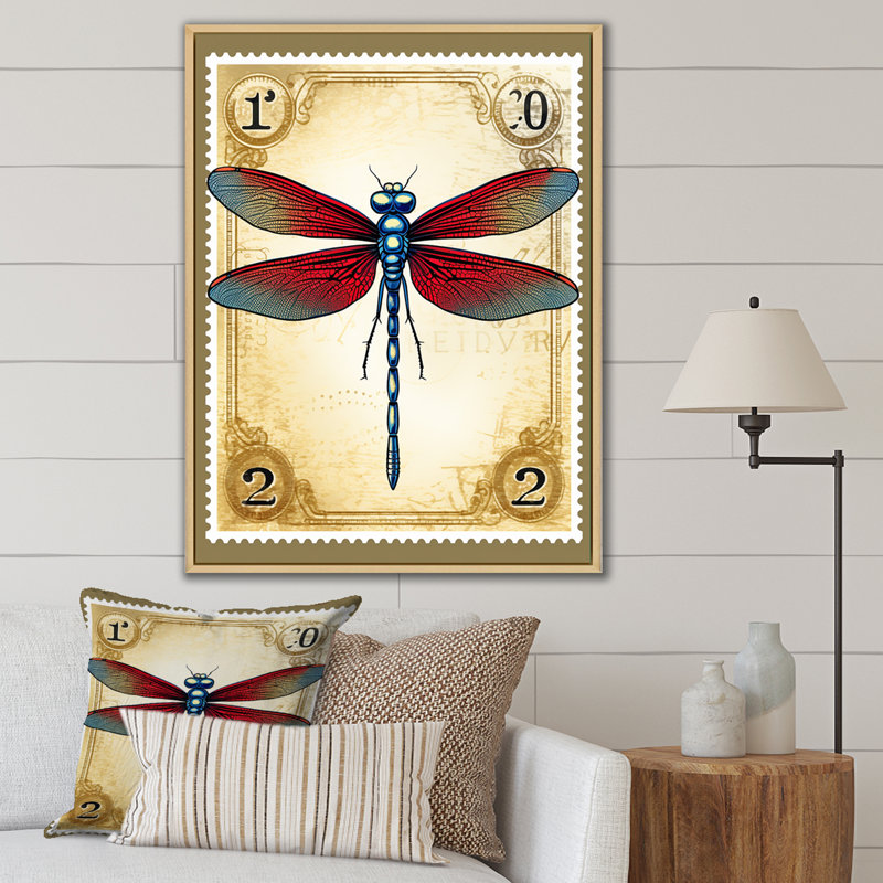 Illustration rétro de la libellule rouge, Cadre naturel flottant, H 32 po x l 16 po x P 1 po