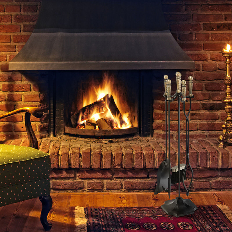 Heavy Duty Black Iron 5-Piece Fireplace Tool Set with Brass Handles