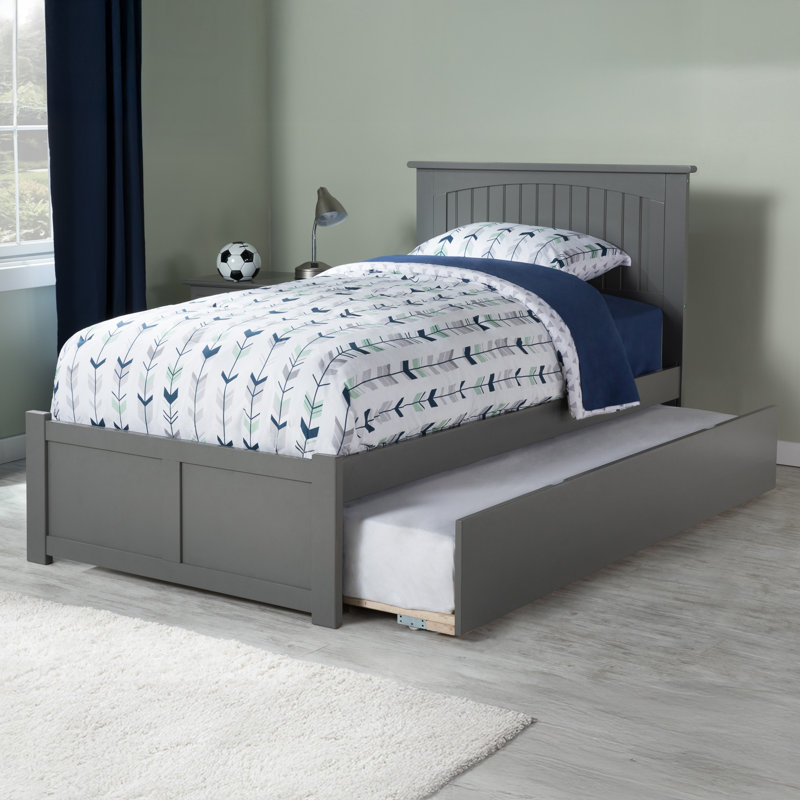 Lit plateforme en bois massif Nantucket avec pied de lit et gigogne, Lit simple, Gris