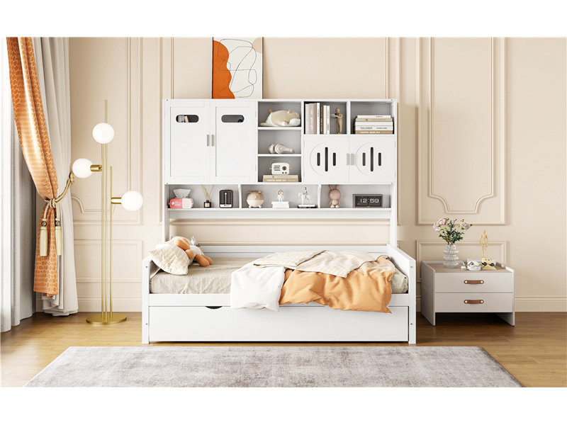 Wooden Daybed With Trundle,All-In-One Cabinet And Shelf, Twin, White