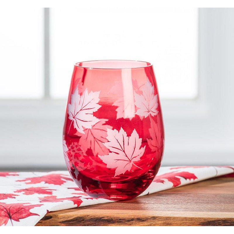 Etched Maple Leaf Stemless Wine Glass