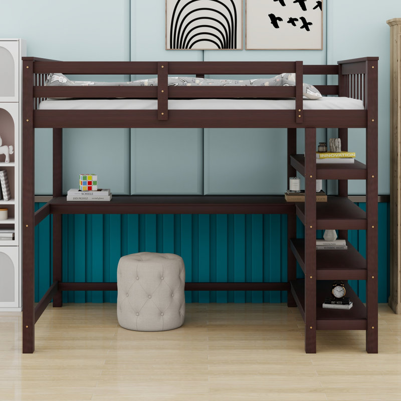 Lit mezzanine avec étagères et bureau sous le lit, pour les petits espaces, Espresso