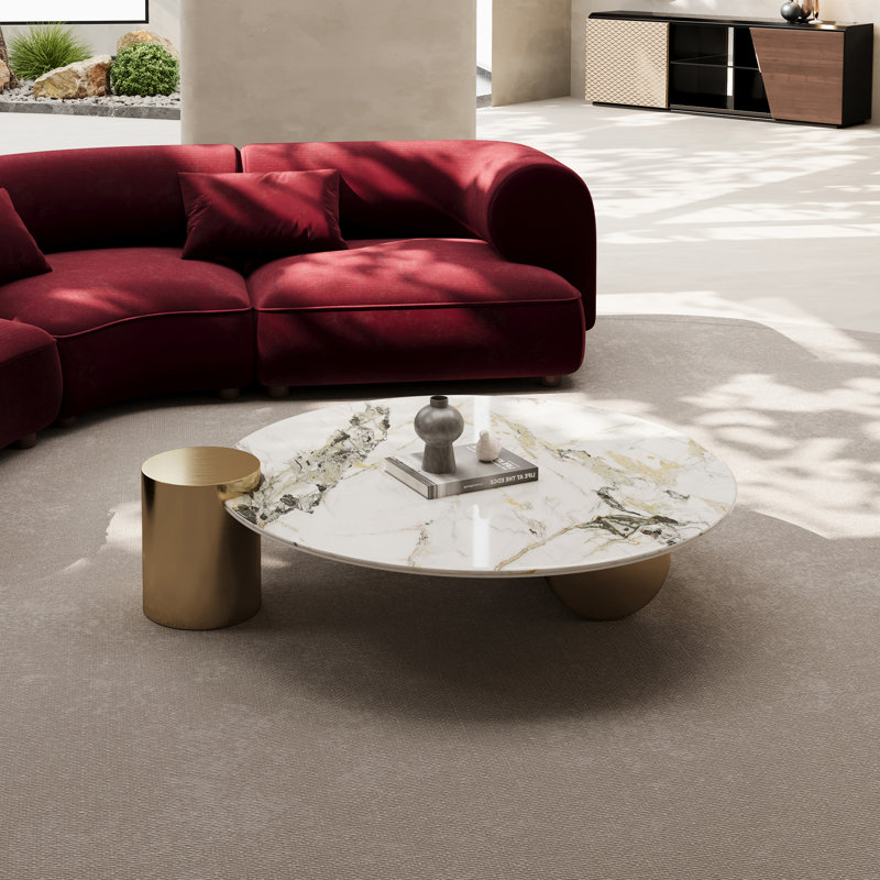 39" Round Stone Coffee Table with Metal Cylinder Legs - Modern Luxury, Space-Saving Design