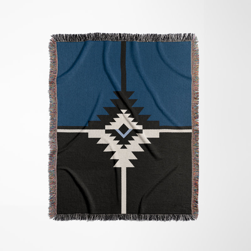 Jeté en mélange de coton Asko South Western, L 60 po x l 60 po, Bleu / noir / blanc cassé