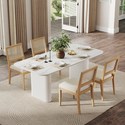 Ensemble de table de salle à manger rectangulaire en bois pour 4-6, table de ferme de style Mid-Century et chaises avec chaise en rotin de lin pour la salle à manger, appartement