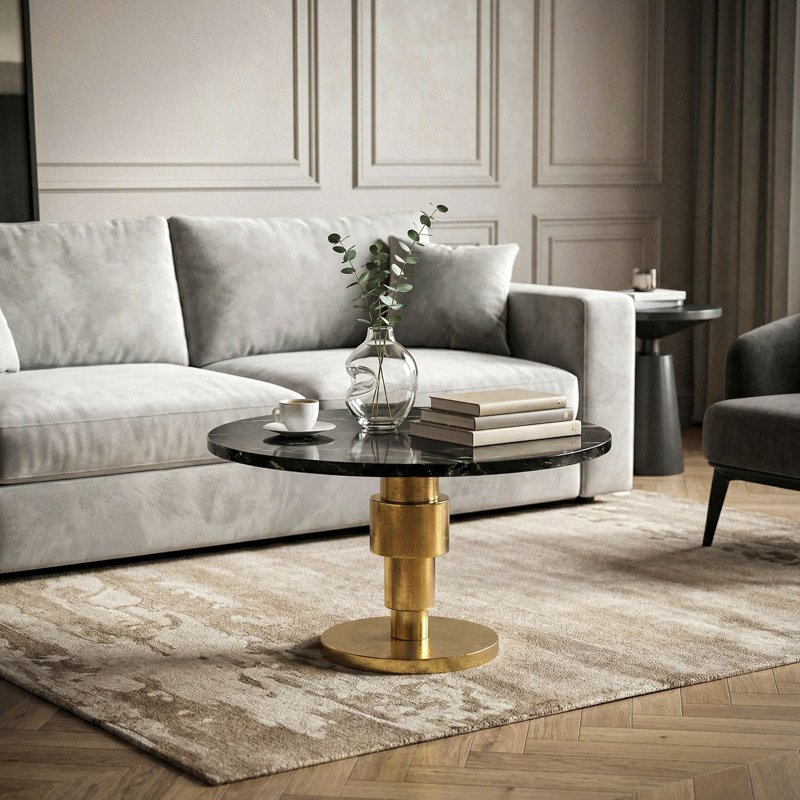 Round White Marble Coffee Table with Silver Aluminium Base, Black, 39cm H x 60cm W x 60cm D, Black / Gold, Gold