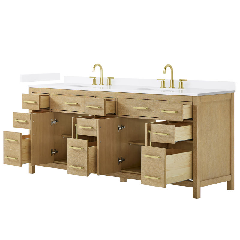 Beckett 84" Freestanding Double Bathroom Vanity with Quartz Top, Whitewashed Oak, Brushed Gold, White Quartz