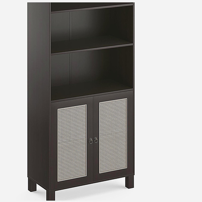 Tall Bookcase with Rattan Doors, 5 Tier Storage Wood Shelves Large Bookshelf, Pantry Cabinet Storage Cabinet for Kitchen, Living Room, Entryway