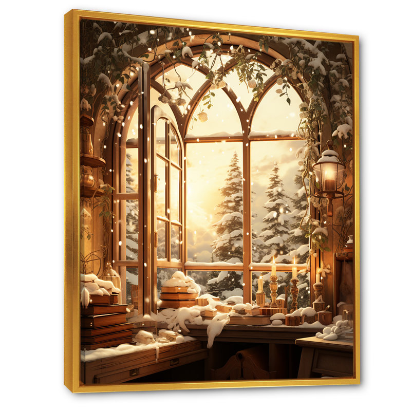 «Christmas Winter Window View I - Winter Landscape», impressions sur toile, Cadre flottant doré, H 44 po x l 34 po x P 1,5 po