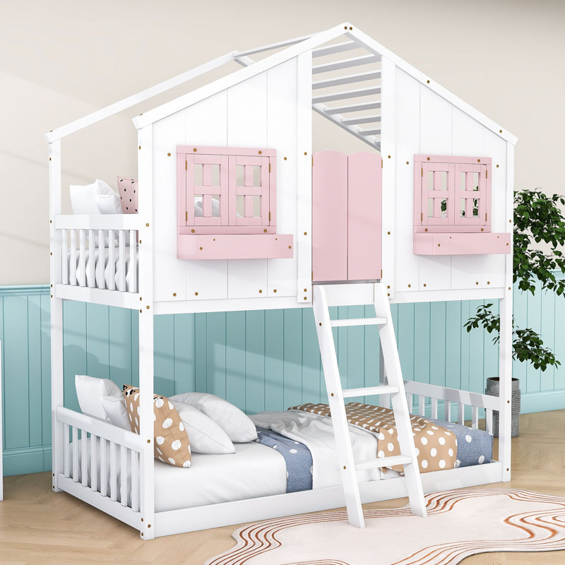 Amance Twin Over Twin House Bunk Bed With Roof, Window, Door And Wooden Ladder, Pink White
