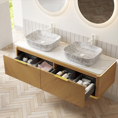 Meuble-lavabo de salle de bain avec éviers, armoire de rangement flottante en bois avec tiroirs, capteur de lumière