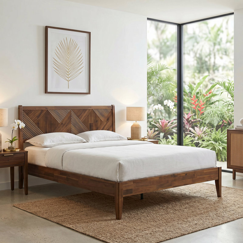 Averin Queen Size Modern Solid Wood Platform Bed Frame, AVB-44-Q, with Geometric Headboard, Warm Walnut, No Box Spring Needed