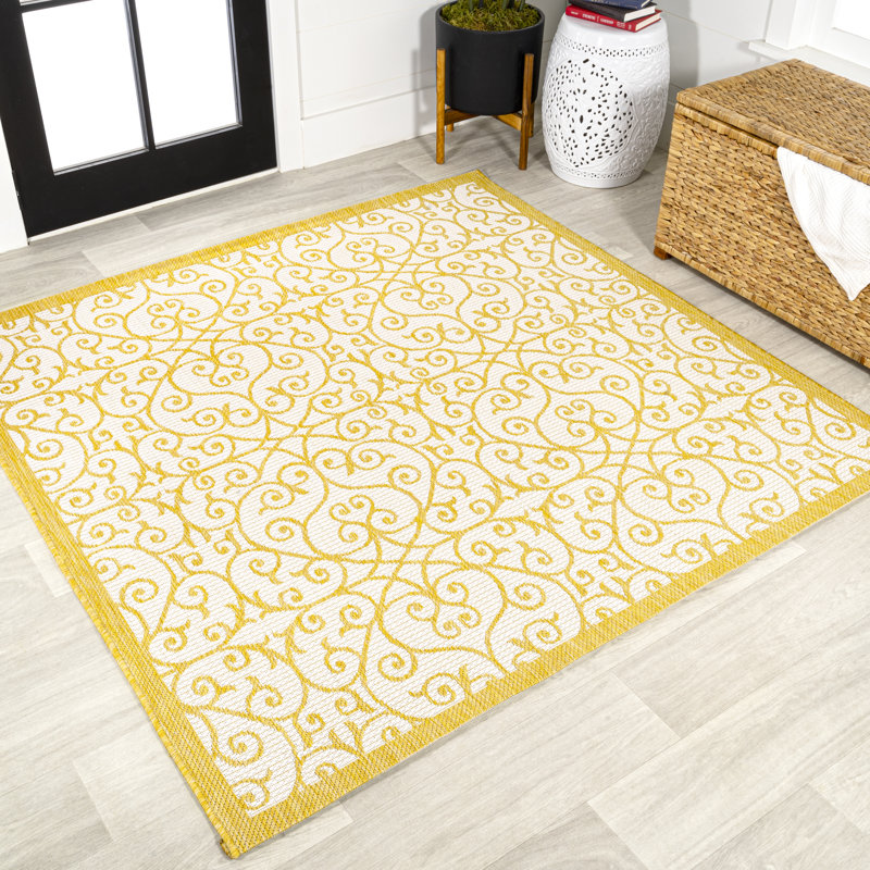 Deilani Vintage Filigree Textured Weave Cream/Yellow Indoor/Outdoor Rug, Square 5'3"