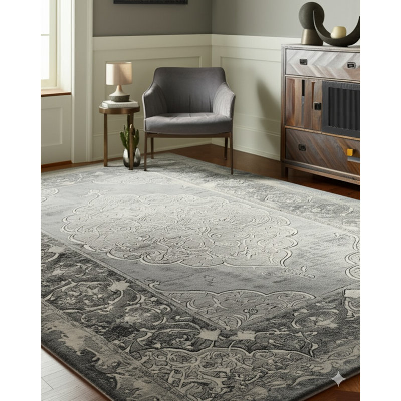 Gray Distressed Bohemian Moderno Medallion Rug by , Trendy and Stylish Area Rug for Adding a Bohemian Flair to Your Living Room, Bedroom, Office, or Home Décor