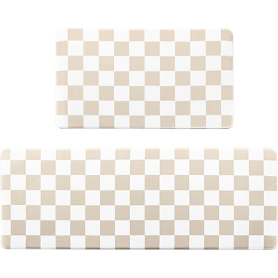 Cream Checkered Kitchen Rug Set Of 2 – Anti-fatigue Waterproof Non-slip Kitchen Floor Mats – Cushioned Ergonomic Comfort Foam Rugs For Kitchen, Laundry & Home