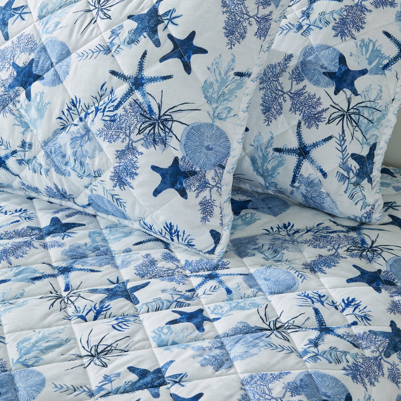 King Blue Microfiber Reversible Coastal Quilt Set
