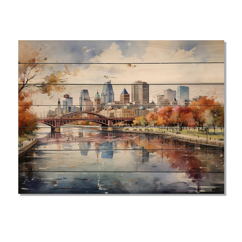 Minneapolis City in Autumn I sur impression sur bois, H 30 po x l 40 po x P 0,78 po