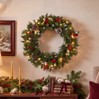 24 in. Frosted Berry Christmas Wreath with Clear Lights