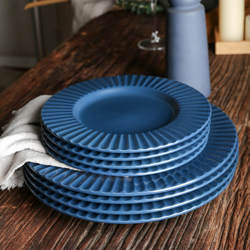 Ash Blue Ceramic 16-Piece Ridged Dinnerware Set