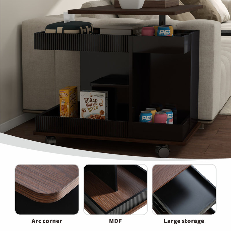 Adjustable End Table With Wheels,Modern Side Table With 360°Rotating Top And Storage Space, Black