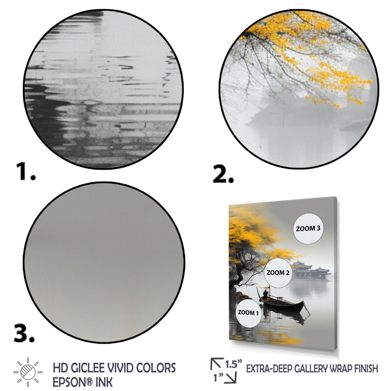 Art asiatique, bateau jaune, monochrome, Toile encadrée noire simple, H 32 po x l 24 po x P 1 po