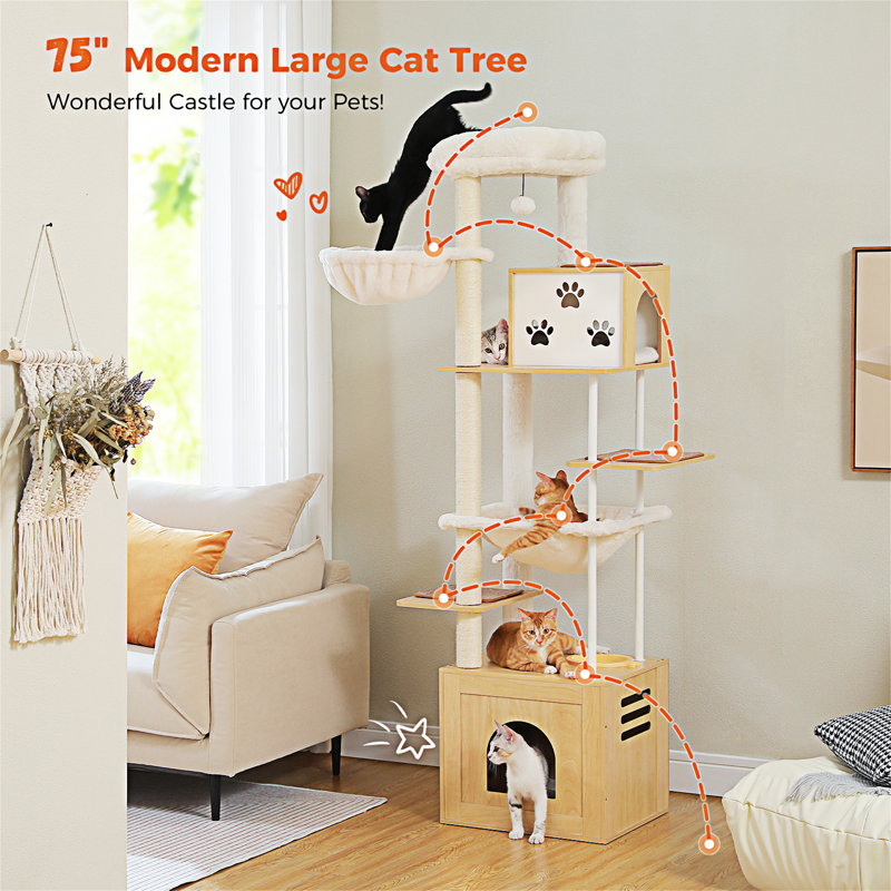 75-Inch Modern Wooden Cat Tree With Multi-Level Platforms, Cat Condos, Top Nest, Hammocks, And Scratching Posts, Beige