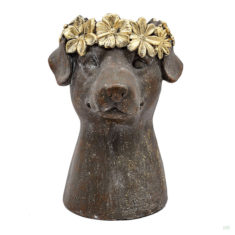 Pot à fleurs 9,3 x 9,3 x 13 po en magnésium avec fini brun texturé et couronne feuille d'or