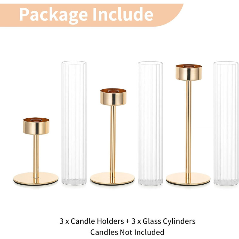 Elegant Gold Candlestick Holders Set Of 3 With Ribbed Glass Sleeves - Hurricane Candle Holders For Centerpiece, Table, Fireplace, And Living Room Decor
