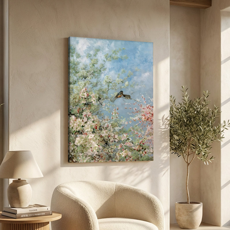 Deux oiseaux sur une branche en fleurs, peinture impressionniste sur toile tendue - H 36 po x l 24 po