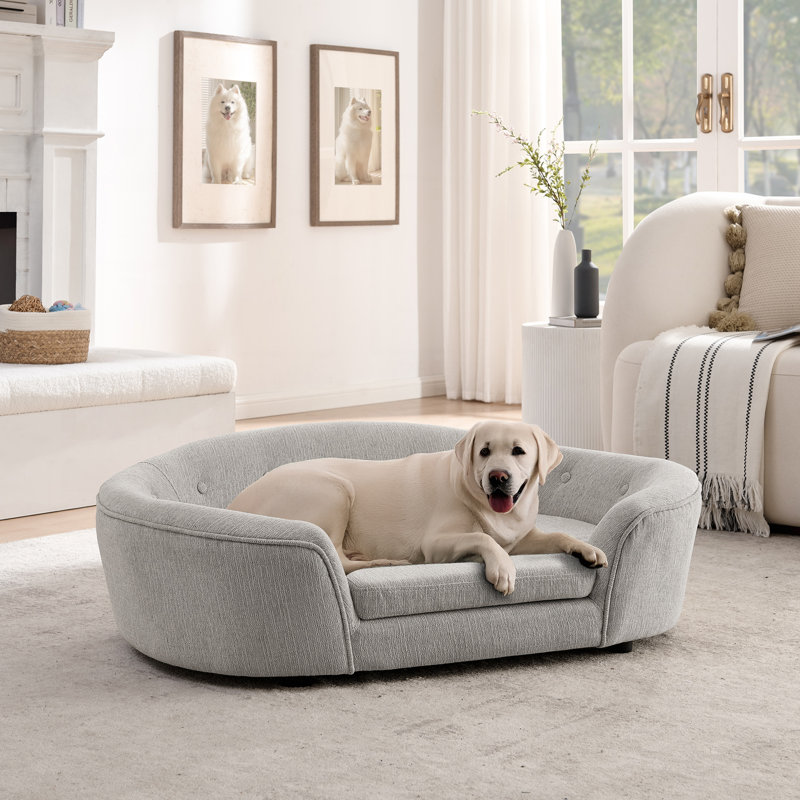 Canapé pour chien surdimensionné ovale semi-fermé surdimensionné surdimensionné - Matériau en lin durable, dossier capitonné, support haut-bas à centre haut et confort moelleux - beige