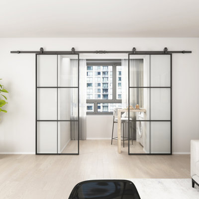 Porte de grange double en verre transparent avec quincaillerie d'installation, porte de grange coulissante