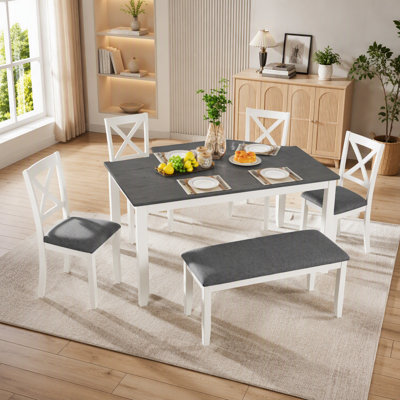 6-Piece Dining Table Set with Bench, Wood Dining Table Set for 6, Modern 6-Person Dining Table Set for Dining room, Kitchen, Grey & White two tone