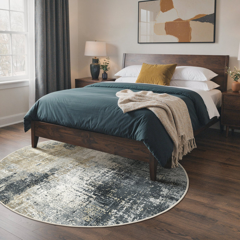Abstract Area Rug, Black/Gold/Beige, Round 160 cm