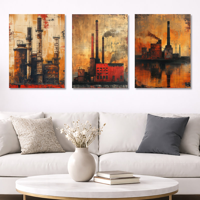 Vintage Industrial Factory Polution I – Orange Factories 3 Panel Metal Wall Decor, 32" H x 72" W