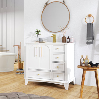 35.6" Modern Bathroom Vanity Sink Combo With Painted Surface, Mid-Century Freestanding Bathroom Vanity Sink With Storage, High-End Restroom Vanity Cabinet With Drawers & Metal Handles