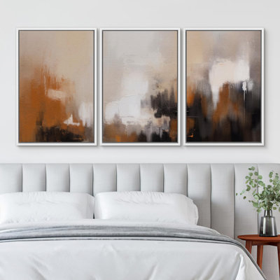 Color Blocks " Pastel Watercolor Grey & Dark Brown Abstract Brushstroke Illustrations Modern Scenic Ultra " 3 - Pieces