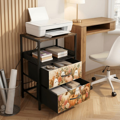 Table de chevet 2 tiroirs avec station de charge, table de chevet pour chambre à coucher avec ports USB, tablette ouverte noire, table de chevet avec un joli motif floral pastel d'automne d'Halloween