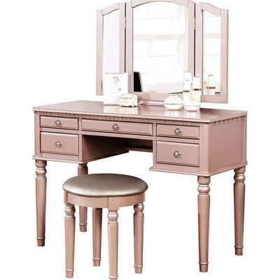 Contemporary Style Vanity For Bedroom, Rose Gold Color, Foldable Mirror, Storage Drawers And A Padded Round Grey Stool, Birch Veneer Bedroom Featuring Finish, Three - Piece Five