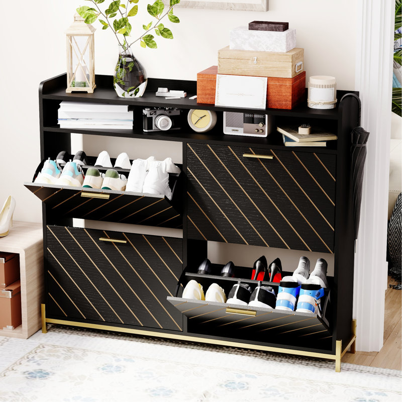 Armoire à chaussures à tiroirs rustique à chevrons - noir pour vestibule, couloir, salon, porche, rangement pour produits avec compartiments cachés