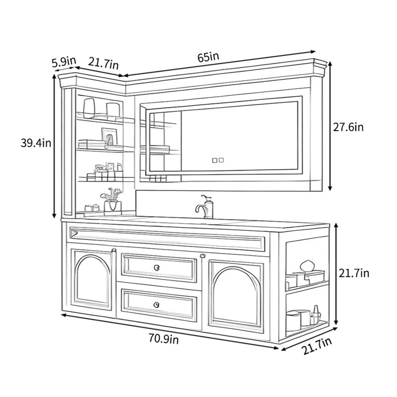 Armoire de salle de bain rétro de style français, L 71 po, Blanc cassé