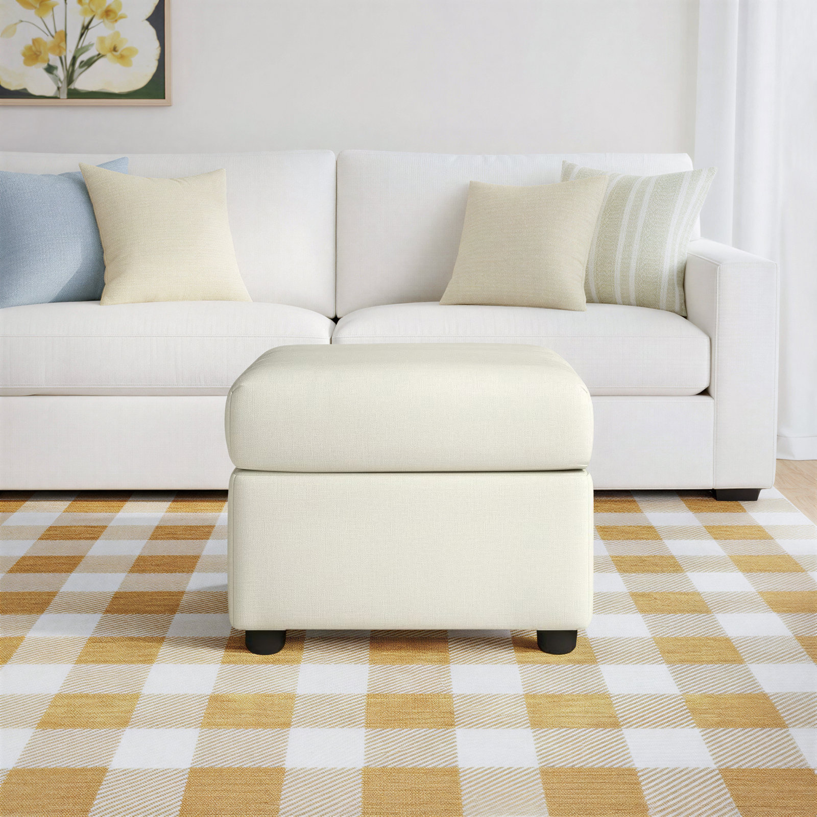 Godwin Upholstered Ottoman, Conversation Pearl Basketweave