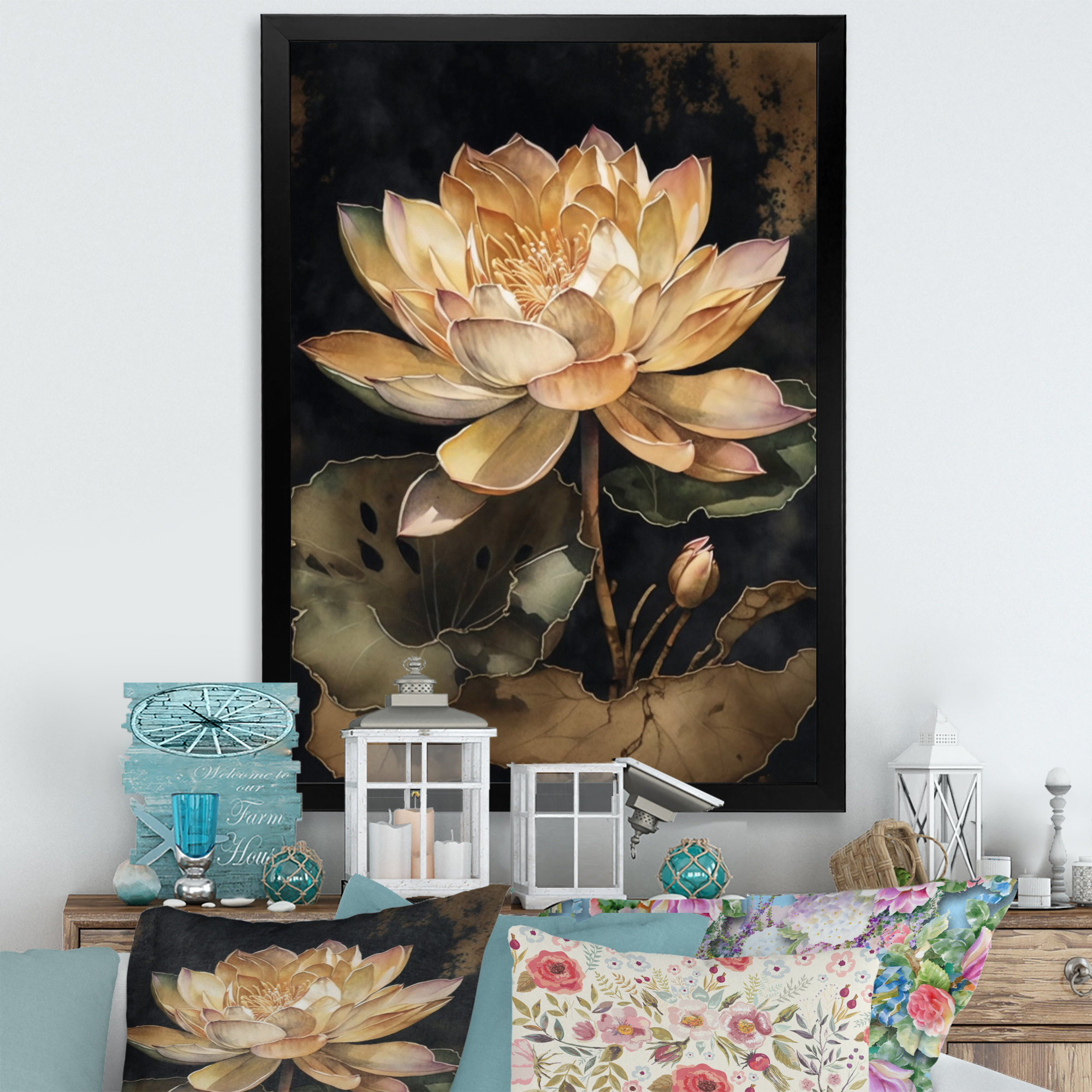 Blooming Vintage Lotus in The Pond I - Print On Canvas Red Barrel Studio Format: Gold Floater Framed Canvas, Size: 40 H x 30 W x 1.5 D