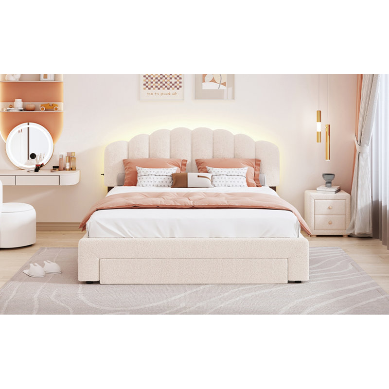 Lit plateforme tapissier Teddy, Beige