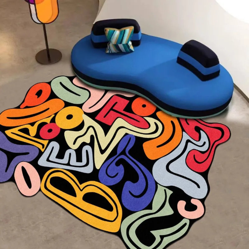 Thick Soft Velvet Colorful Letter Design Area Rug, Twisted Shape Abstract Pattern Mat In Blue Green Red Yellow, Plush Polyester Blend For Bedroom Living Room Study – Hand Wash Only